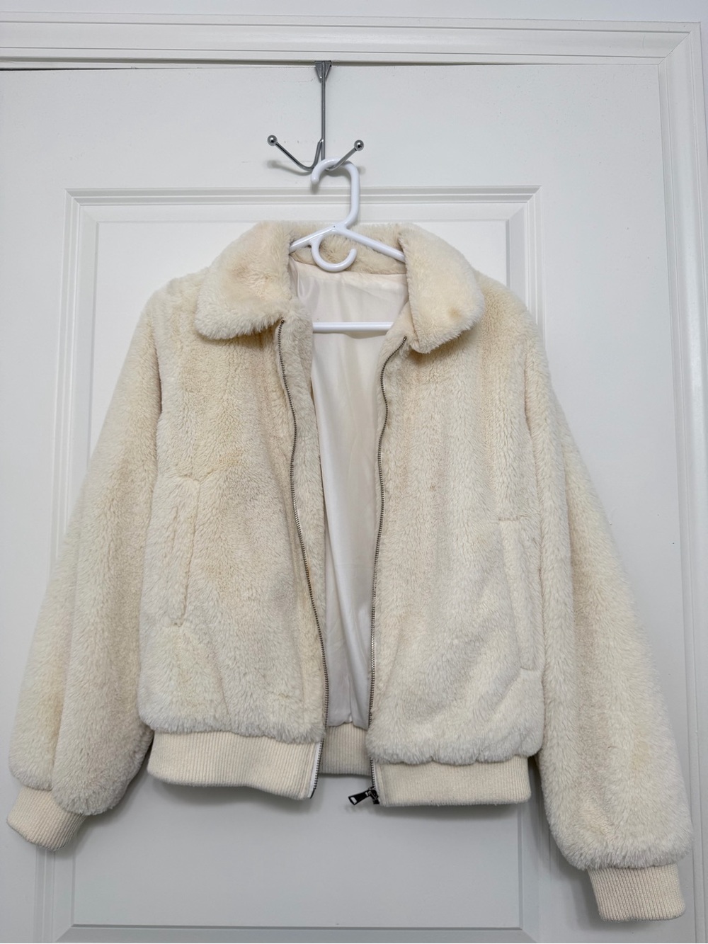 Cream Faux Shearling Bomber Jacket - Women